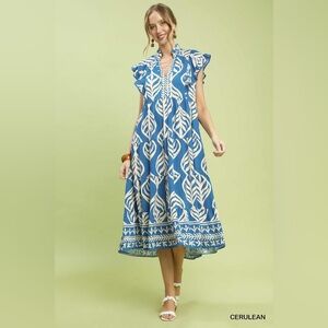 Umgee Leaf Print Tiered Midi Dress with Pockets🆕